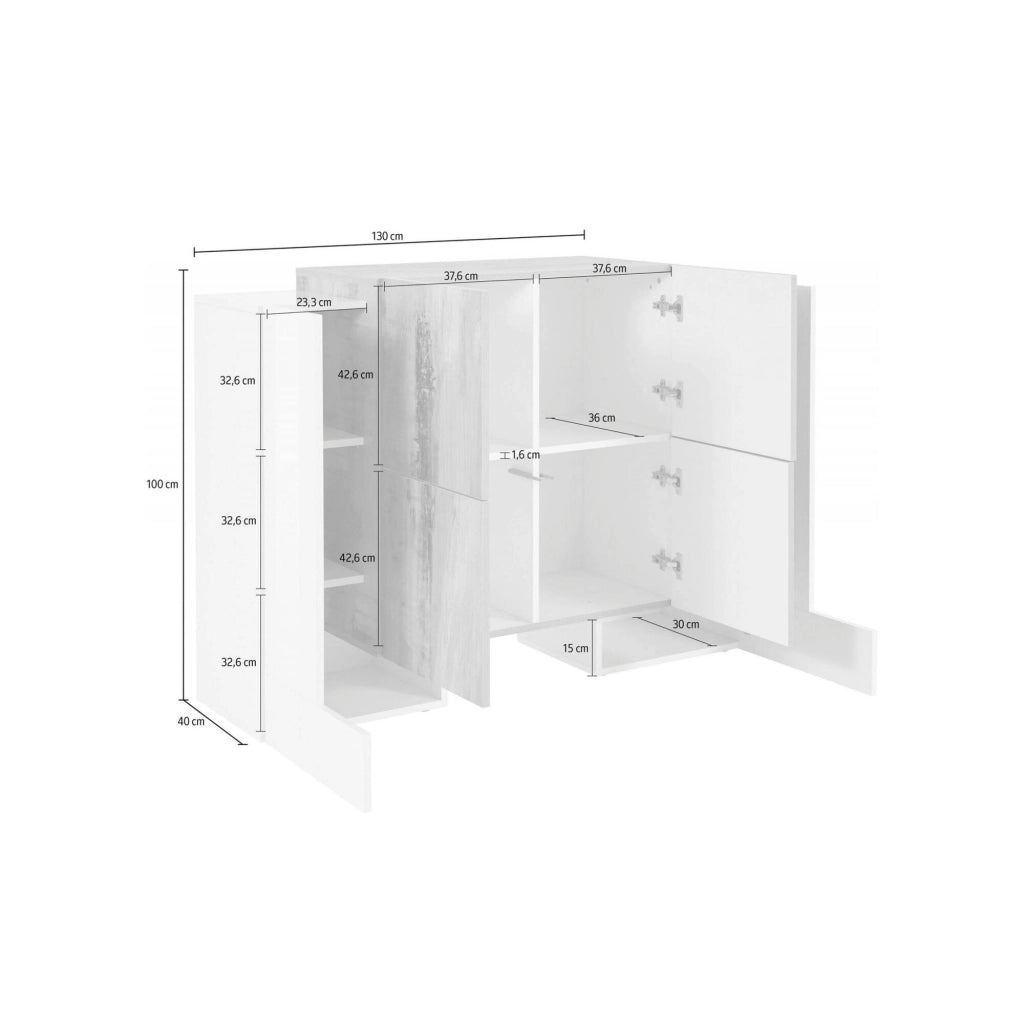 Credenza moderna di design a 6 Age, Made in Italy, Buffet da cucina, Madia con scaffali da cucina, cm 130x45h100, Bianco lucido e Grigio Cenere