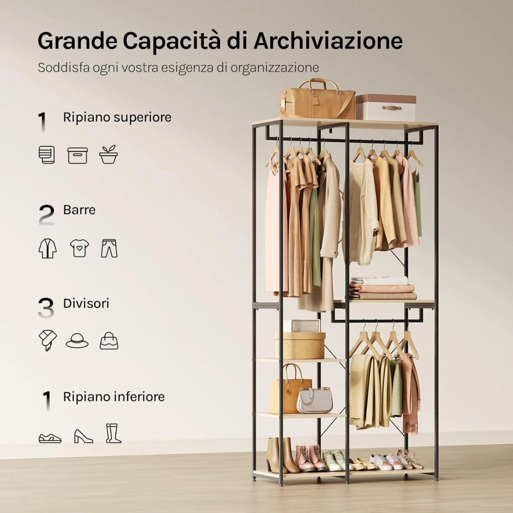 Stand Appendiabiti in MDF Attaccapanni Guardaroba Armadio Scaffale Porta Abiti Acciaio 90x40x204,5 cm