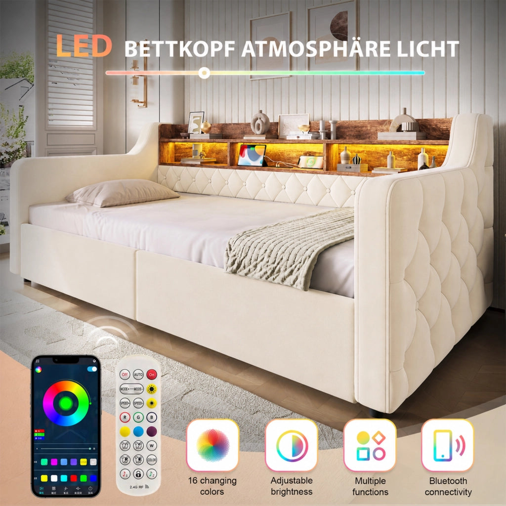Letto singolo imbottito 90x190 cm in velluto beige con LED; ripiani e 2 cassetti