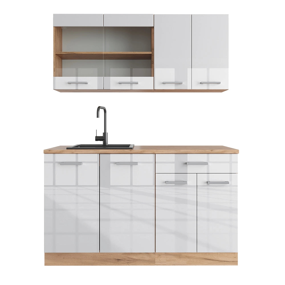 Vicco Cucina completa Bianco lucido/oro power oak 140 cm senza piano di lavoro