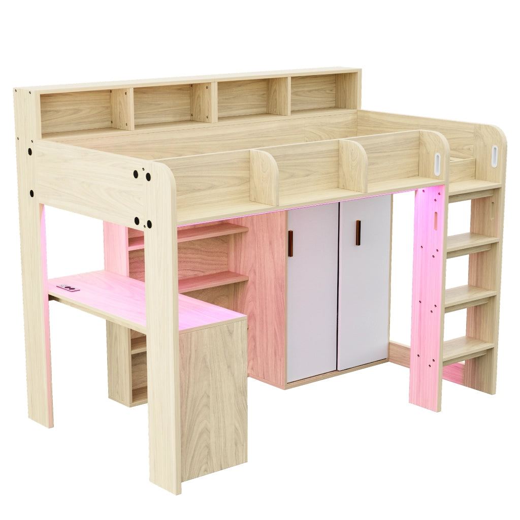 Letto a soppalco singolo 90×200 cm con scrivania; armadio; LED e presa; senza materasso; colore legno