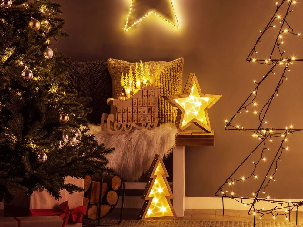Decorazione natalizia Luce marrone LED Calendario dell'Avvento a forma di slitta Decorazione scandinava