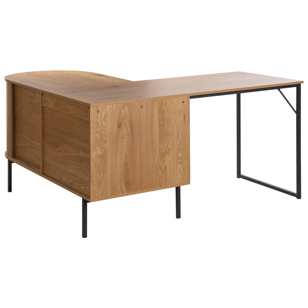 Scrivania da ufficio  marrone chiaro con MDF nero 140 x 140 cm Struttura in ferro con 3 ripiani Porta scorrevole