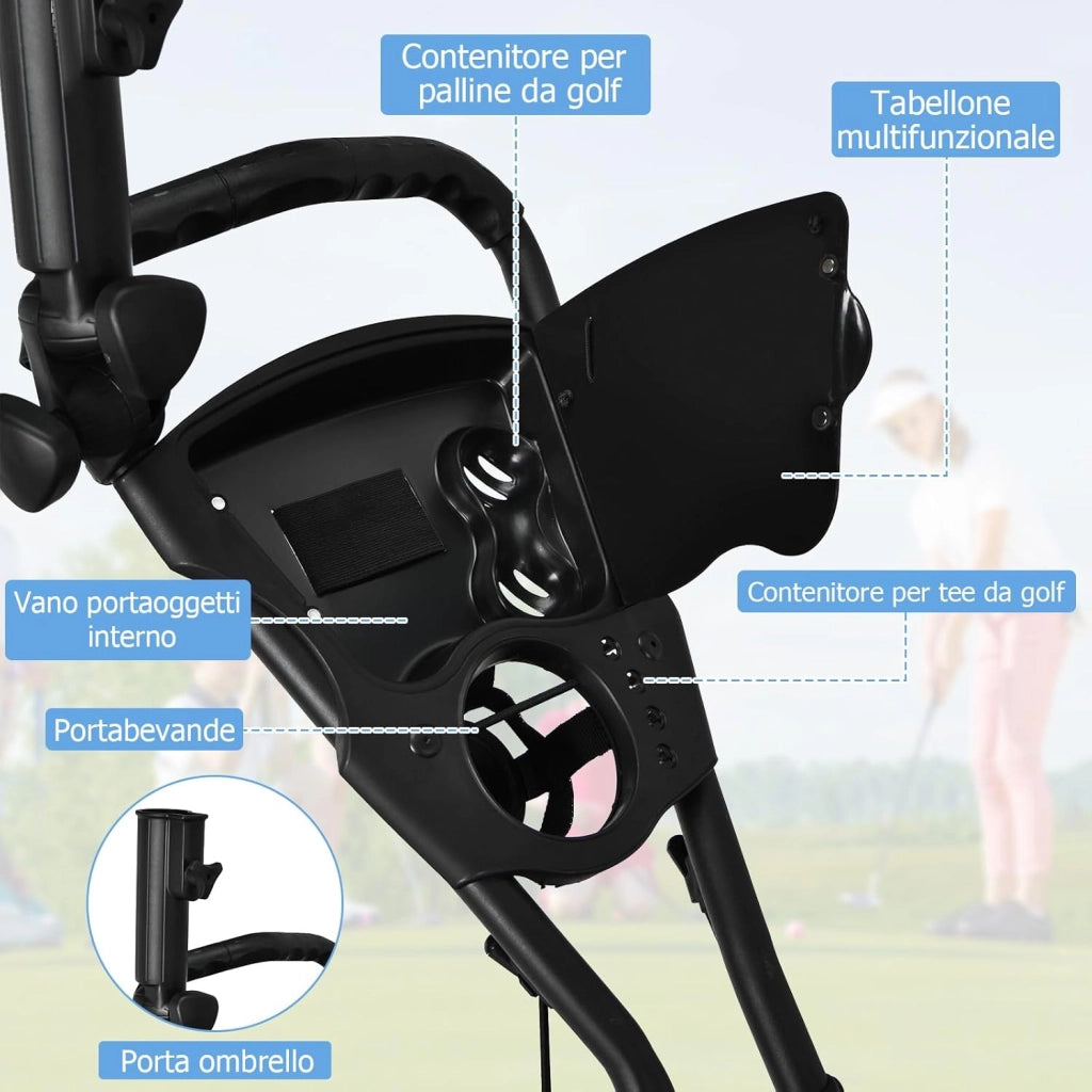 Carrello da Golf Pieghevole con 3 Ruote, Struttura in Alluminio, Cinghia Elastica, Portaombrello Regolabile e Porta Bicchiere, Segnapunti e Freno a Pedale
