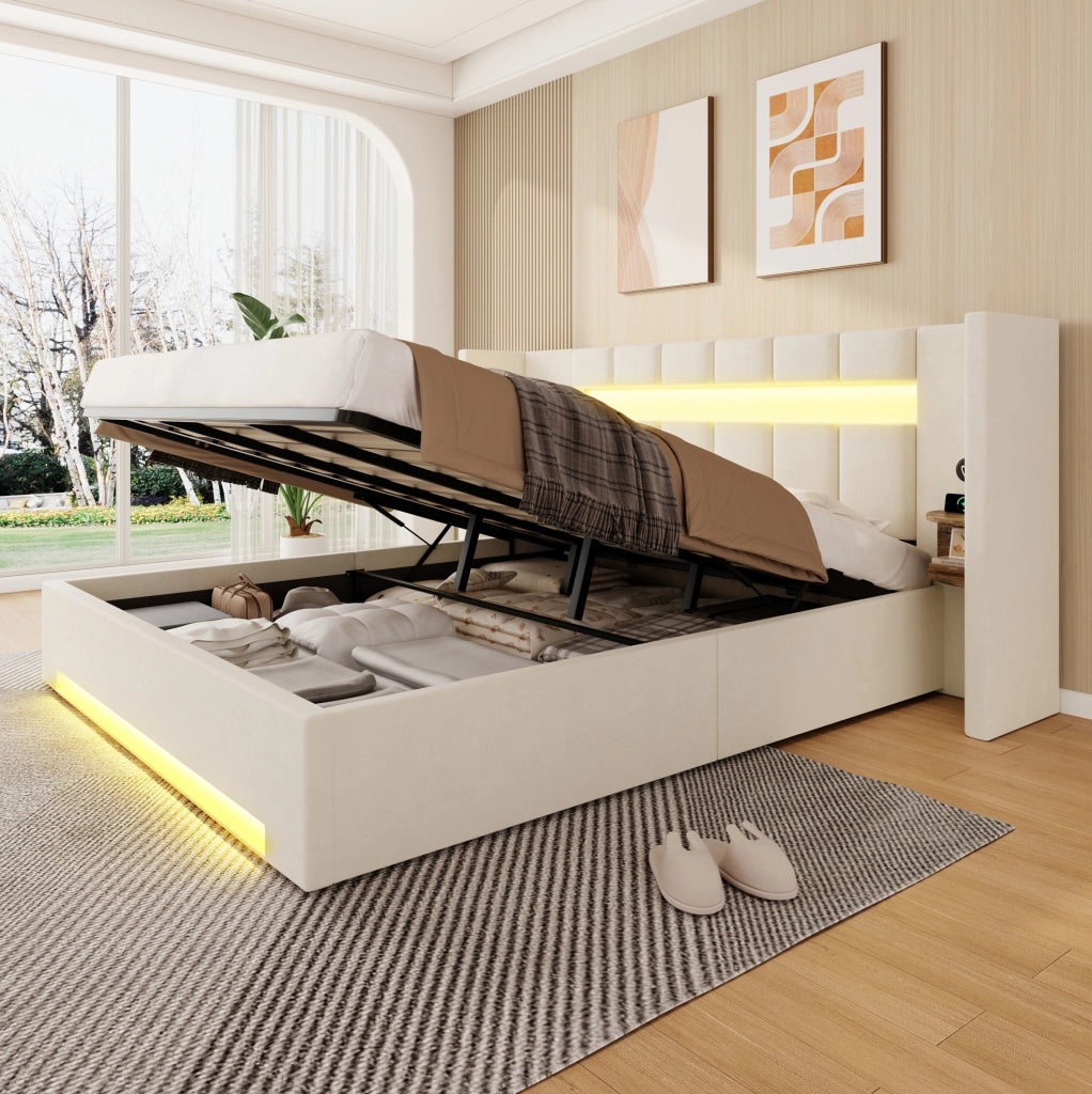 Letto 180x200 cm con contenitore; USB e LED in velluto beige