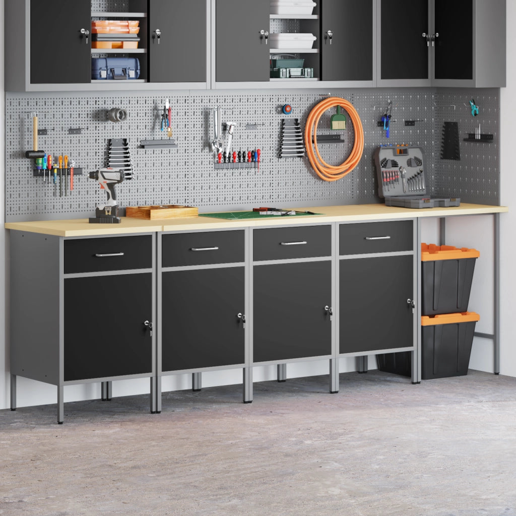 Set di Armadio da Lavoro e Tavolo d'Angolo a 5 Pezzi Nero in Legno Ingegnerizzato