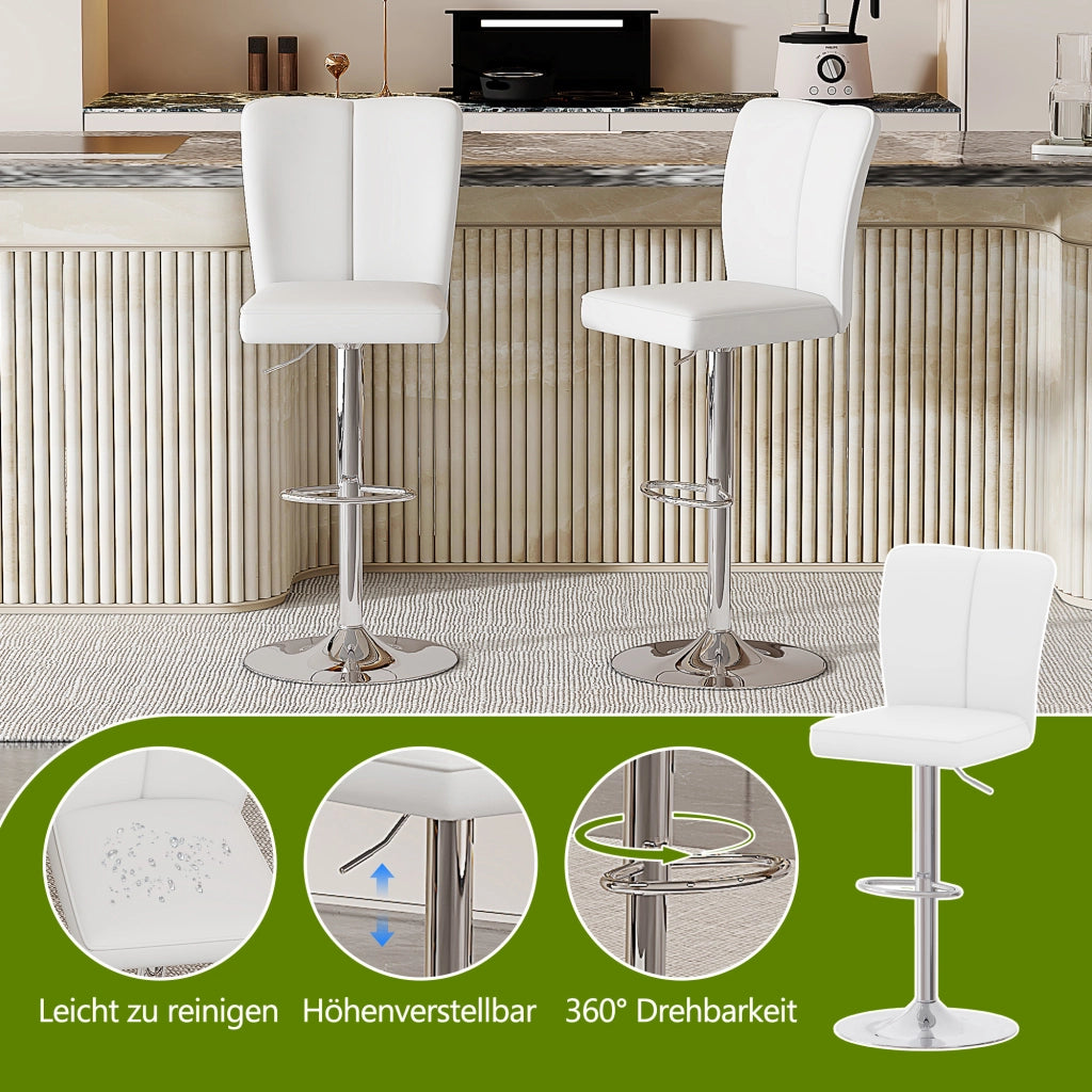 Sgabello da bar girevole a 360 gradi regolabile in altezza set di 2 con poggiapiedi in PU bianco e metallo argento