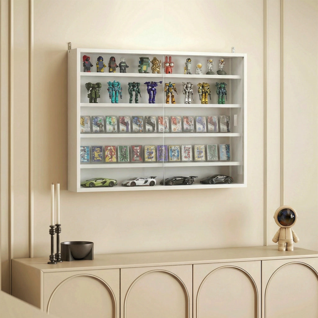 Libreria a Parete con Ripiani Aggiustabili e 2 Ante Scorrevoli di Vetro ¨C Zephmum ¨C Bianco 80x9.5x60 cm