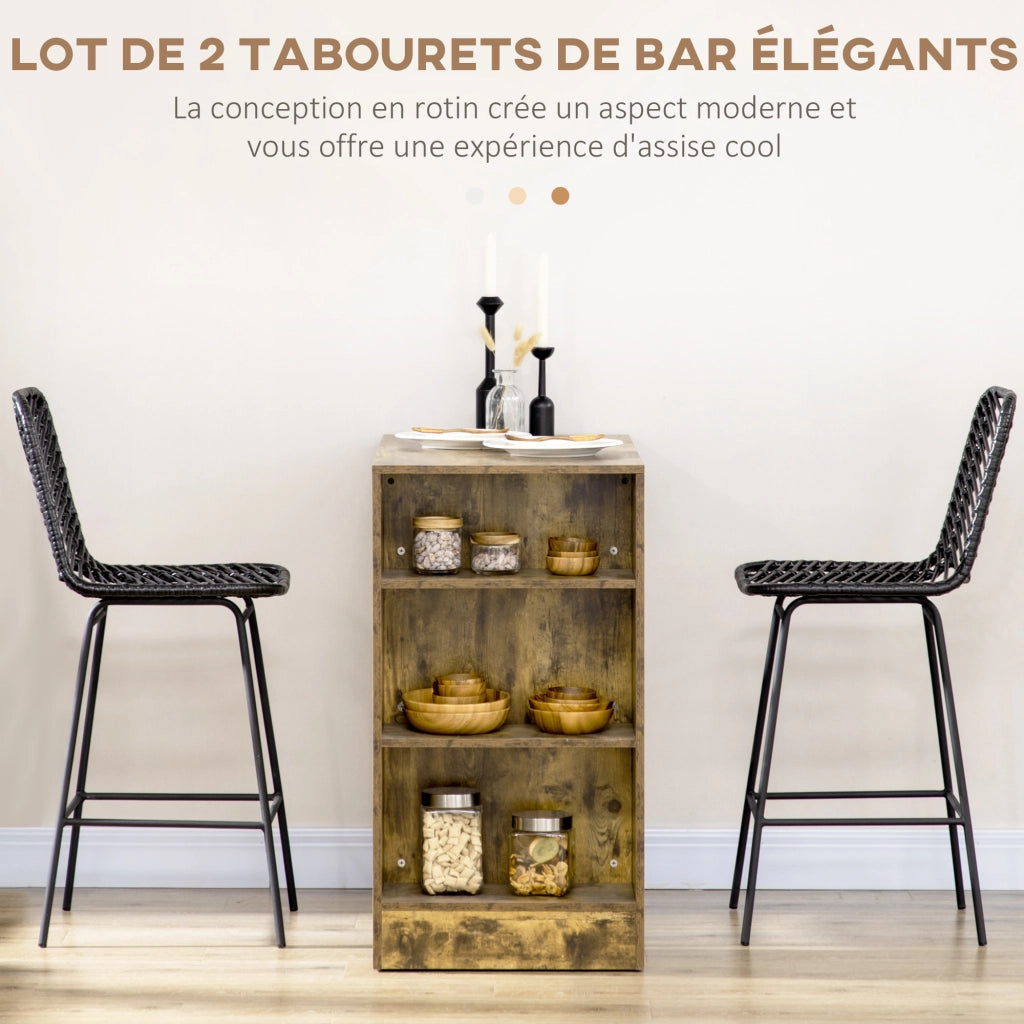 Sgabelli da bar design bohemien con poggiapiedi ¨C zephmum ¨C metallo e rattan, nero, 66 cm