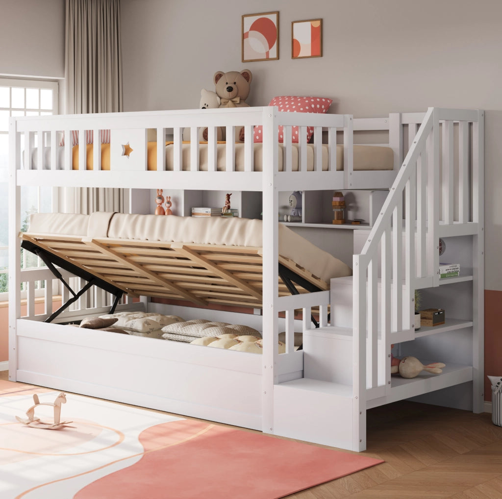 Letto a castello 90x200 cm in legno bianco con letto inferiore idraulico; ripiani e scala contenitore