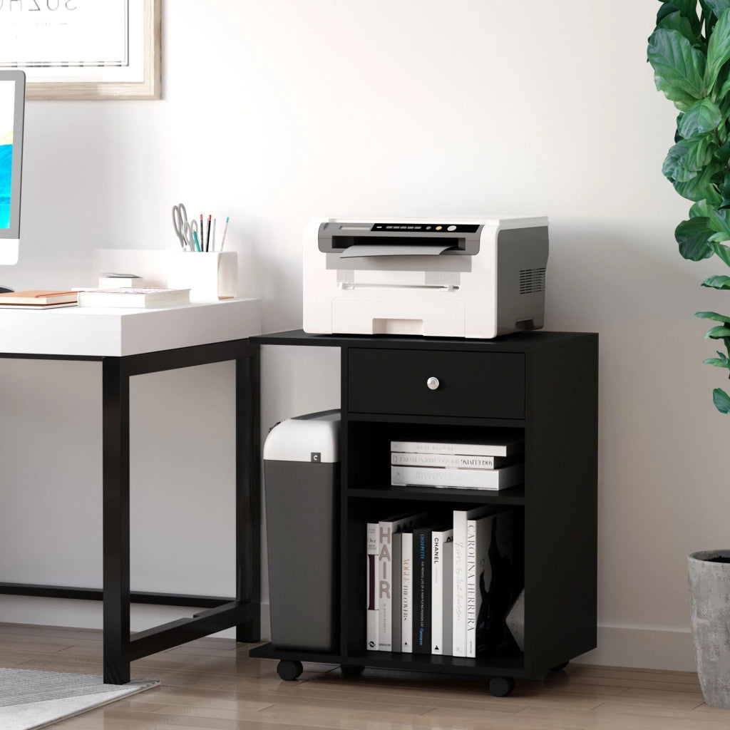 Mobile Porta Stampante con Cassetto e Ripiani ¨C Zephmum ¨C Legno Nero 60x40x68.5cm