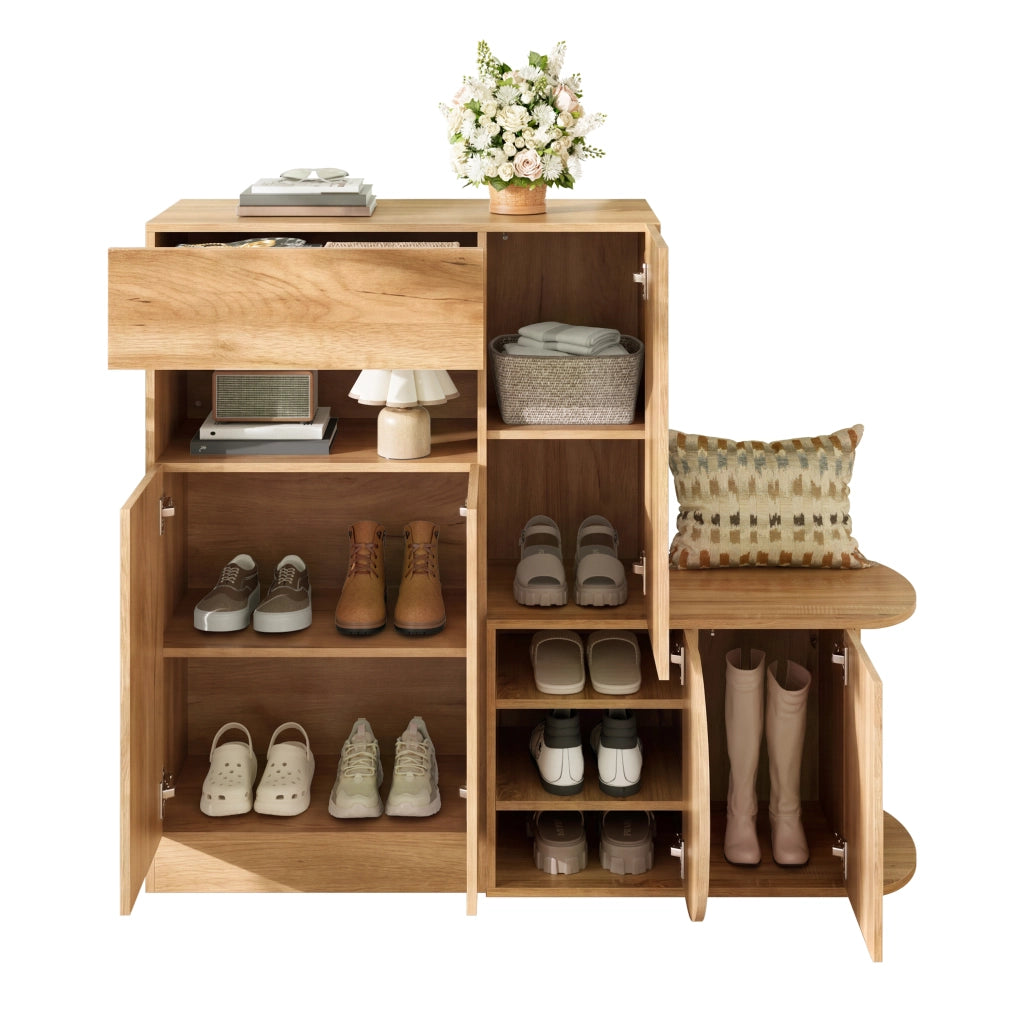 Mobile scarpiera con panca, 1 cassetto, 5 ante e vano aperto per ingresso, in MDF, naturale, 130 × 35 × 110,5 cm