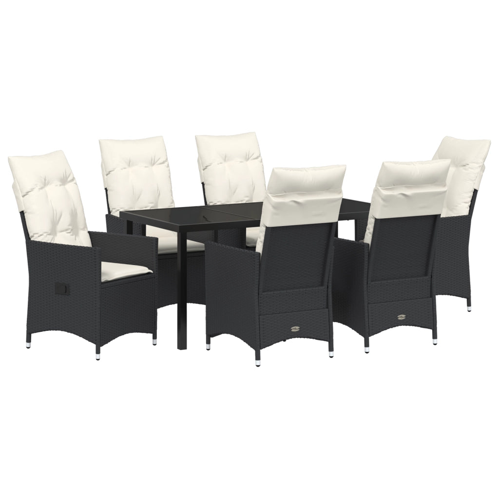 Set da Pranzo da Giardino da 7 Pezzi con Cuscini Nero Rattan Sintetico