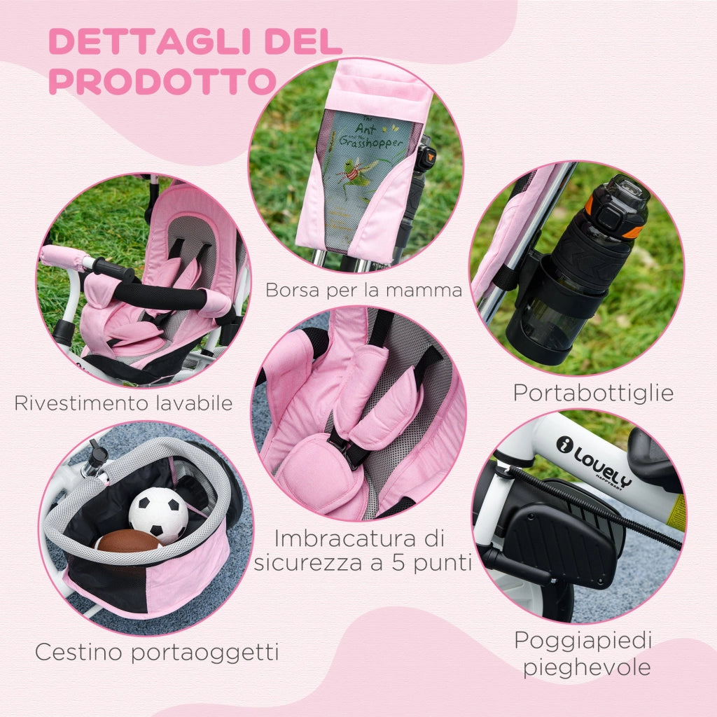 Triciclo per Bambini 1-5 Anni 102x49x102 cm con Maniglione e Tettuccio Regolabile Bianco e Rosa