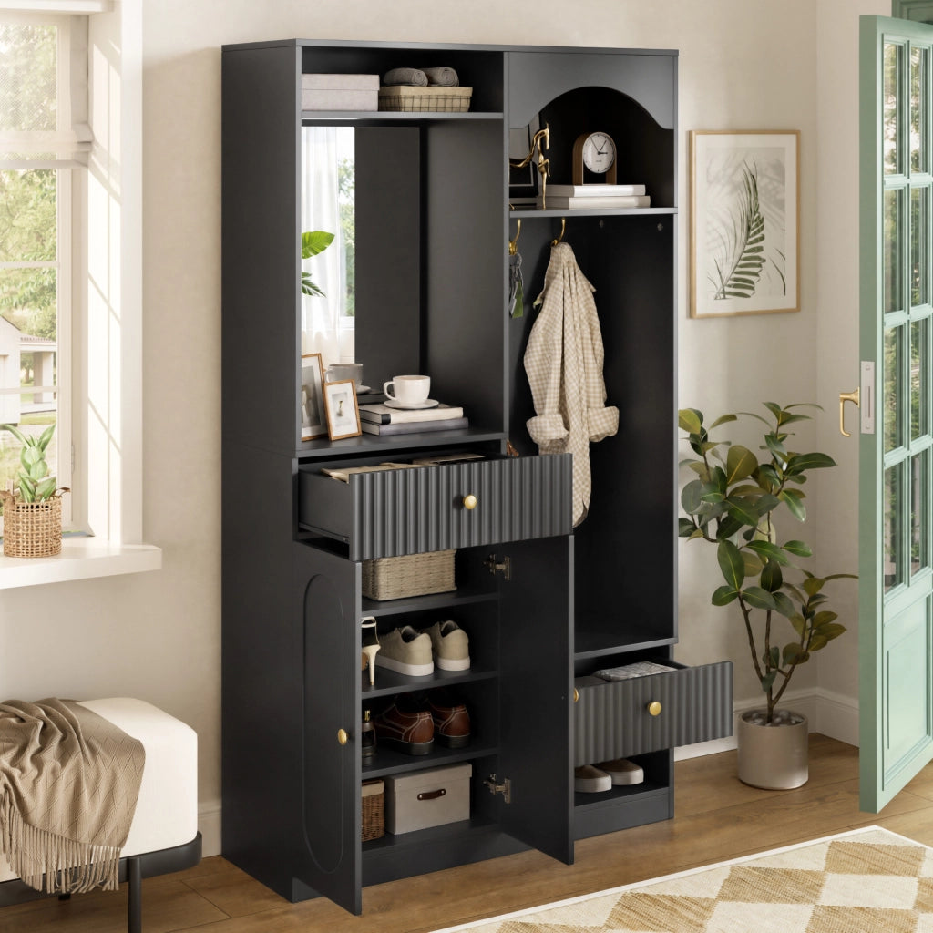 Mobile guardaroba ingresso 100x35x180 cm in MDF nero con specchio， panca e LED