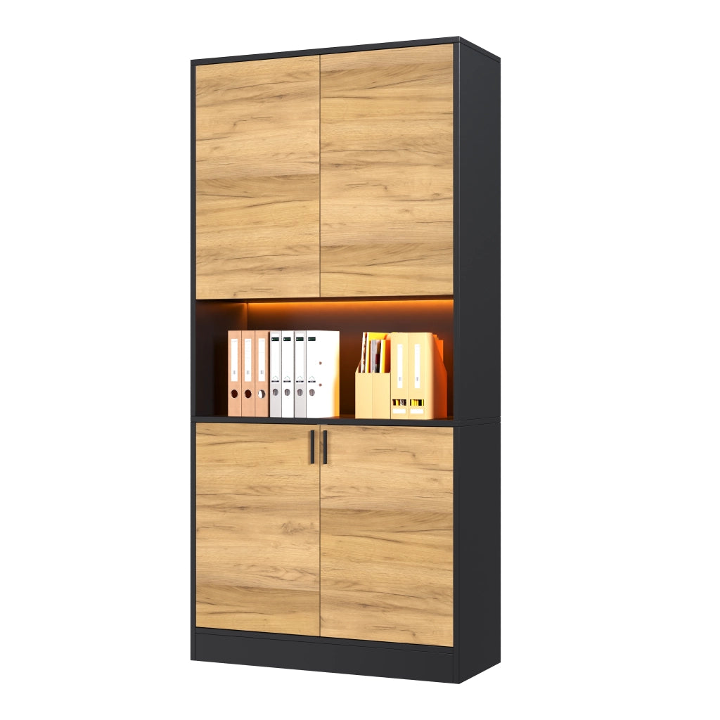 Armadio archivio con illuminazione LED in truciolato nero e rovere; ripiani regolabili; 80 x 35 x 180 cm