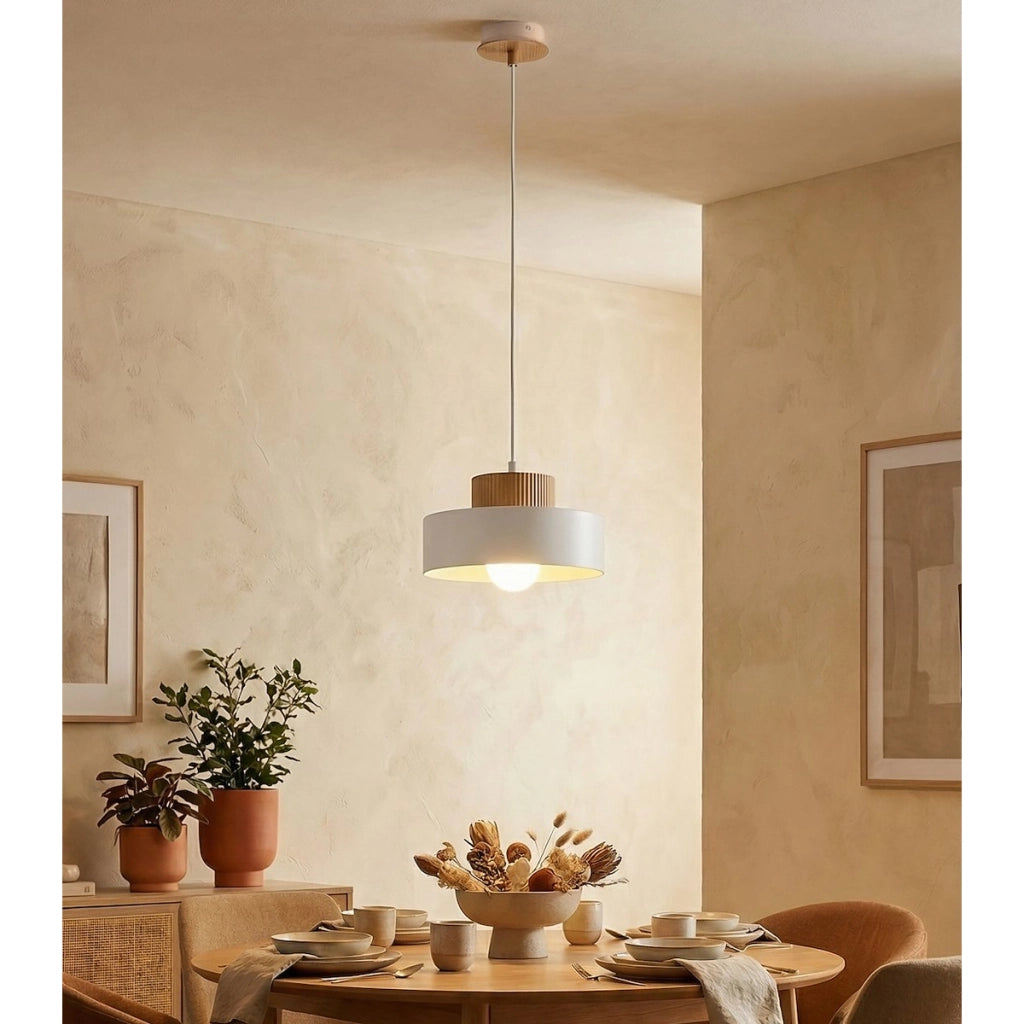 Lampada a sospensione KIVI in acciaio bianco e legno