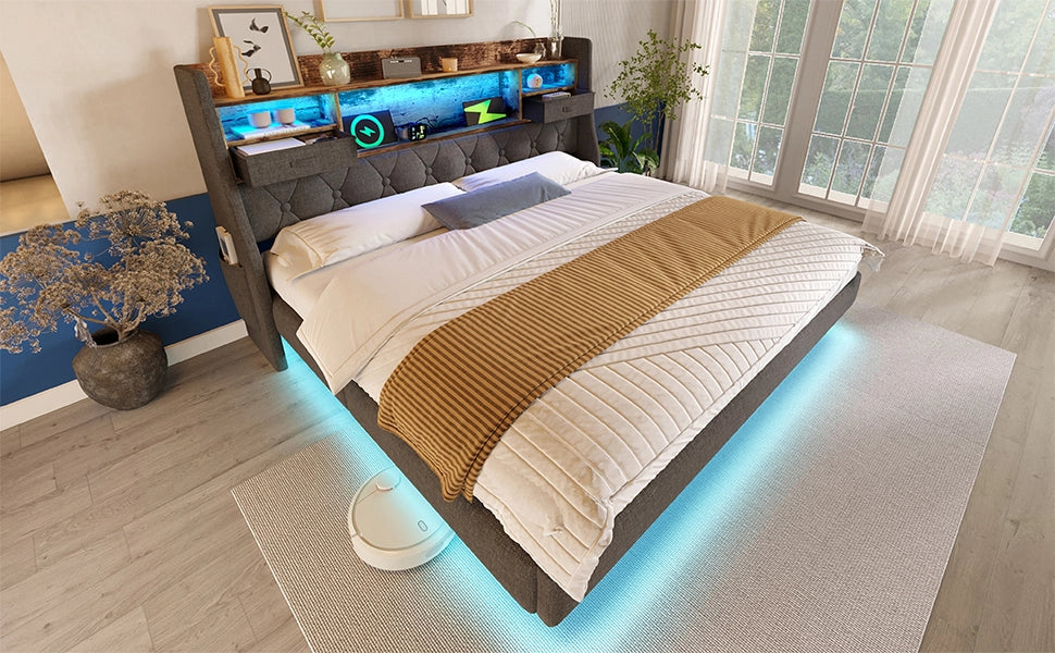DESMIU Letto contenitore 180 × 200 cm 2 posti con LED, 1 Type-C, 3 USB e testiera, senza materasso, in lino grigio