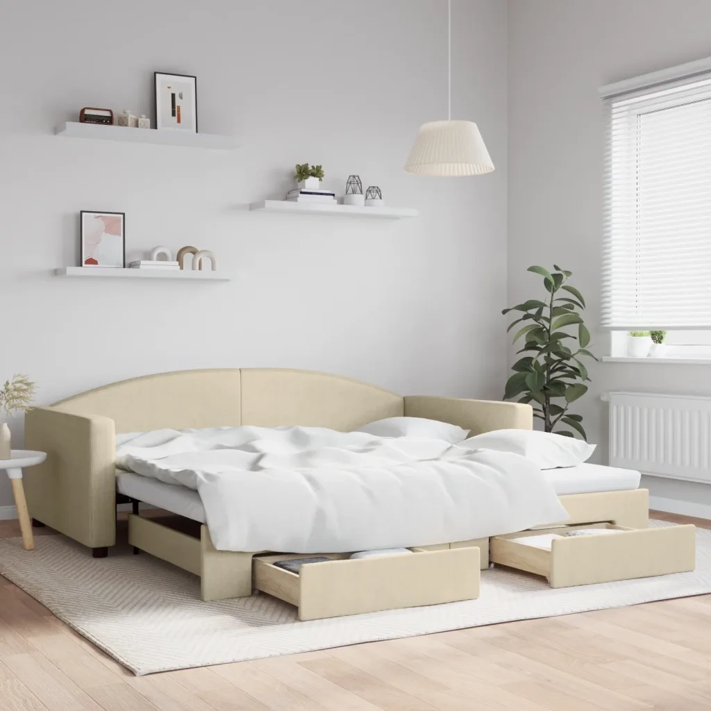 Divano Letto Estraibile con Cassetti Crema 100x200cm in Tessutocod mxl 106656