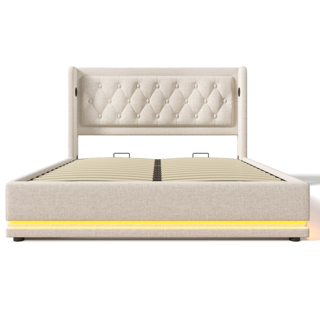 Letto matrimoniale imbottito 140x200 cm con contenitore; USB Type-C e LED; cotone beige (Senza materasso)