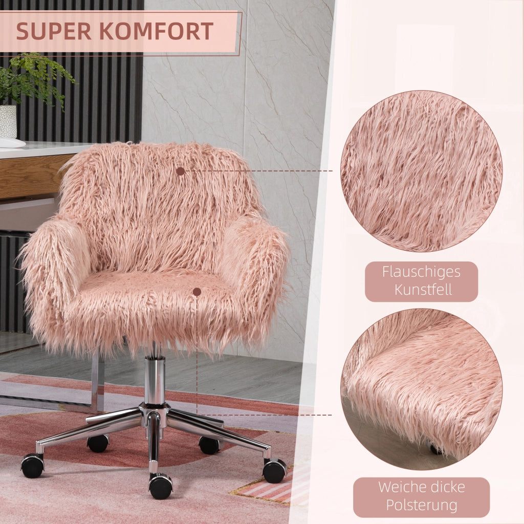 Sedia da ufficio in pelliccia sintetica con altezza regolabile, schienale ergonomico e braccioli in nylon rosa