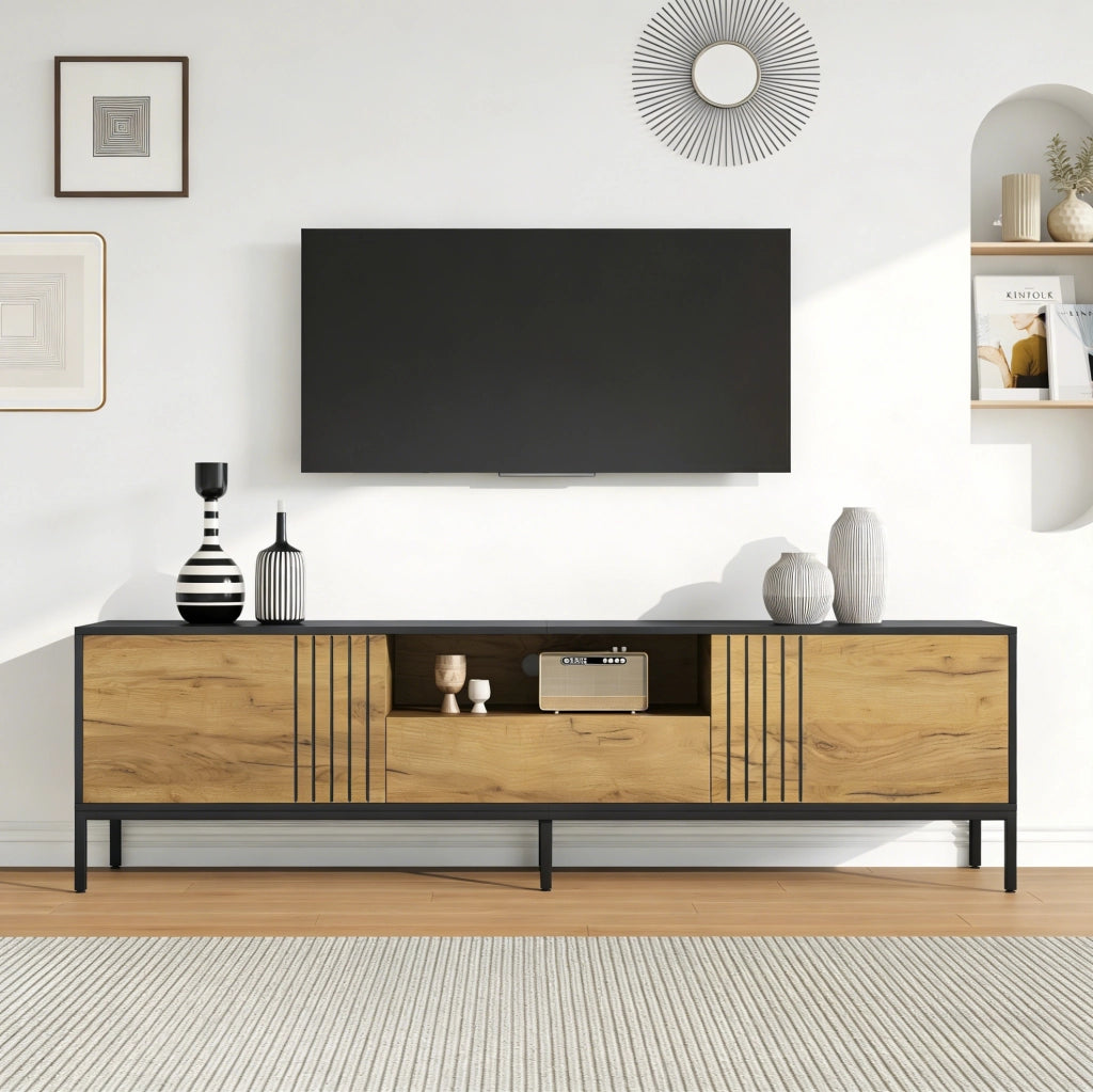 Mobile TV basso 170x35x50 cm per TV fino a 70 pollici; in truciolare; rovere e nero