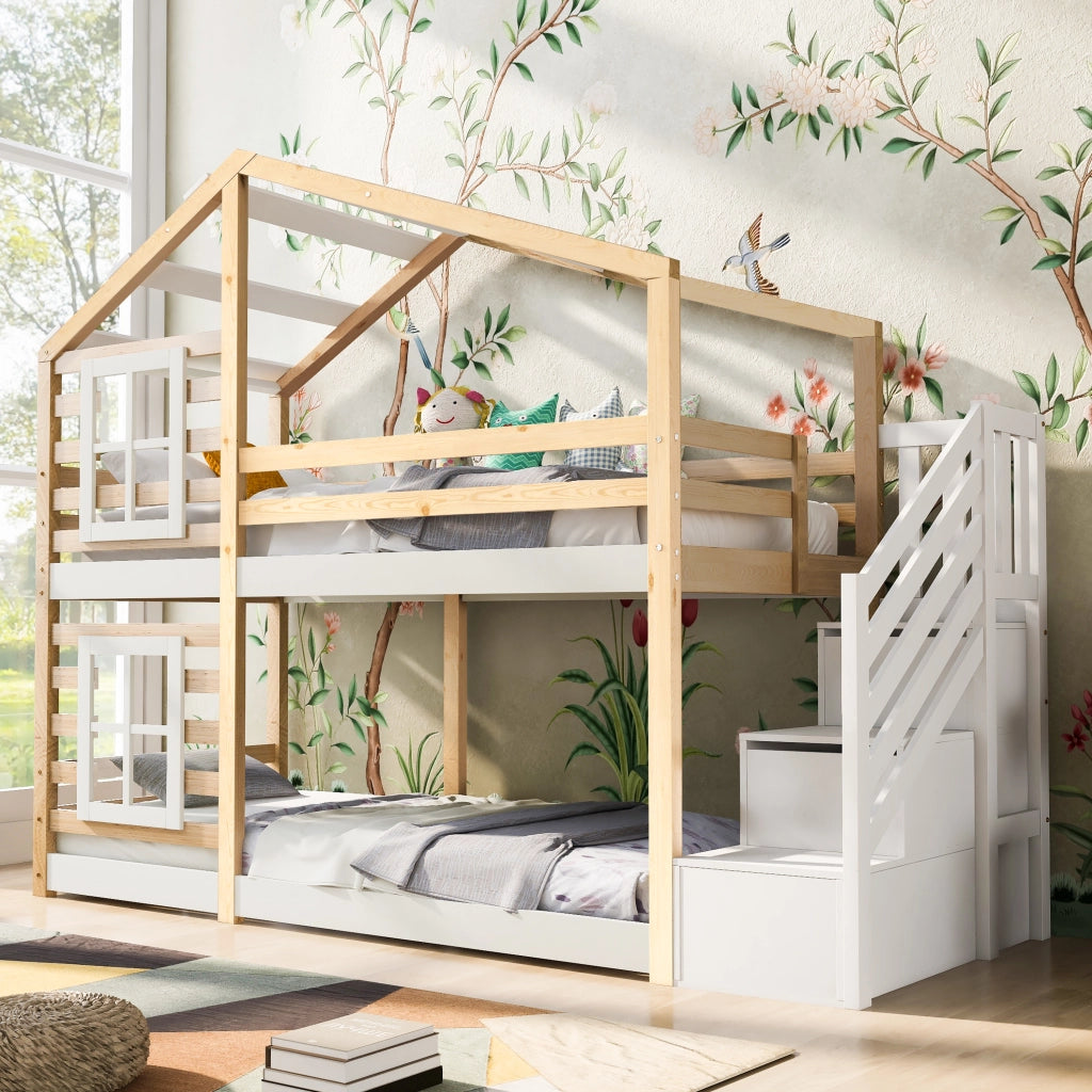 Letto a Castello 90×200 cm; Letto Singolo con Scala Contenitore; Finestre e Sponde; senza Materasso