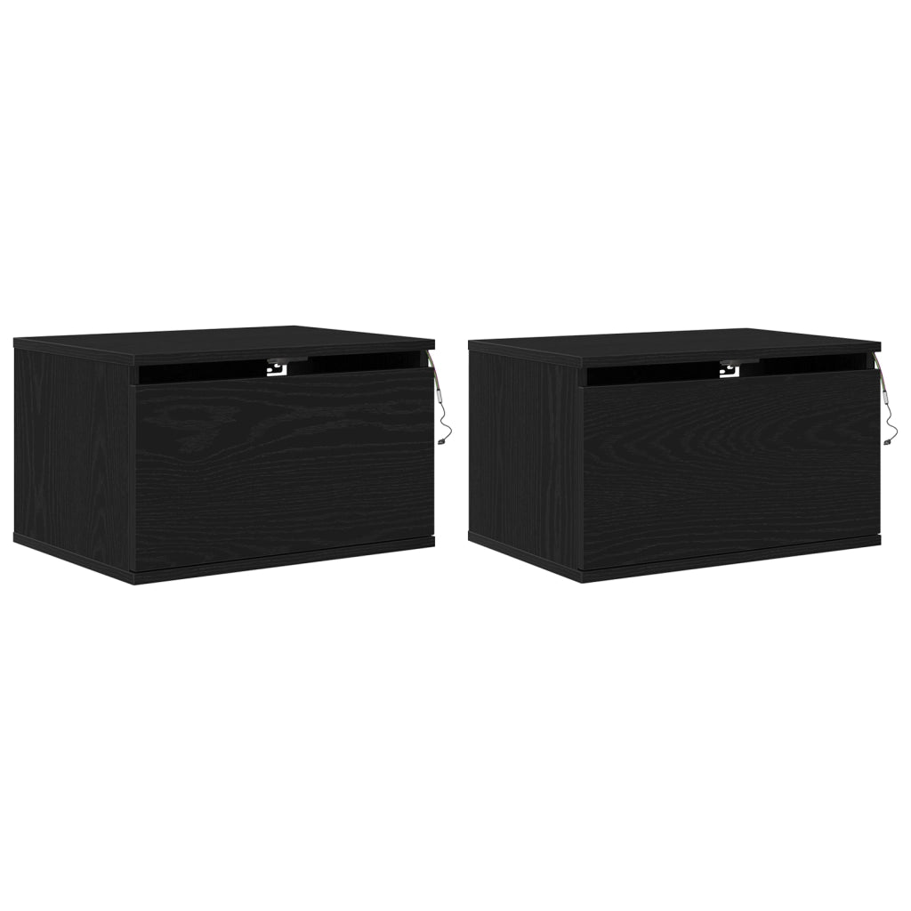 Cabinette da notte  con luci LED 2 pz da parete in rovere nero