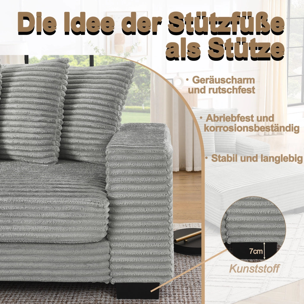 Divano angolare reversibile 4 posti con chaise longue e 6 cuscini in velluto a coste grigio 256,5 × 133,5 × 89 cm