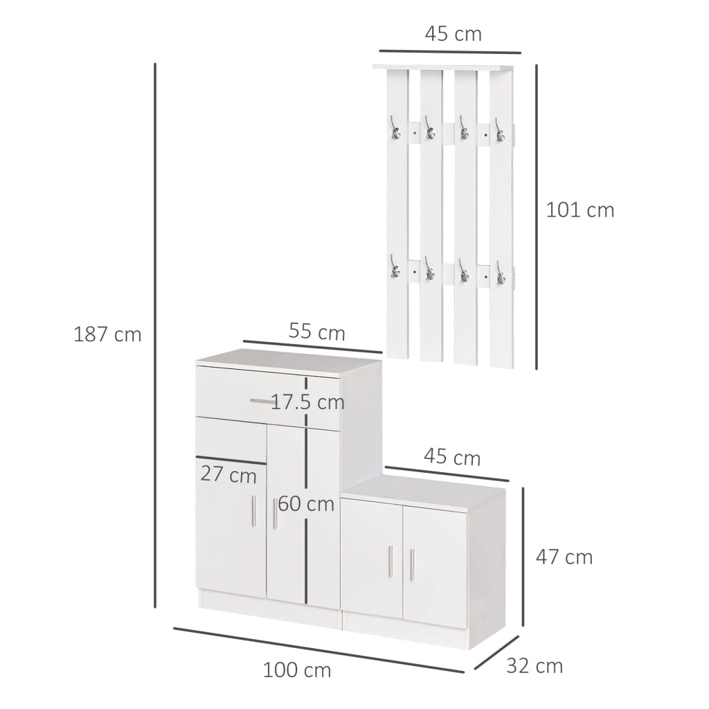 Mobile Ingresso con Scarpiera e Appendiabiti in Legno Bianco Opaco 100x32x187 cm