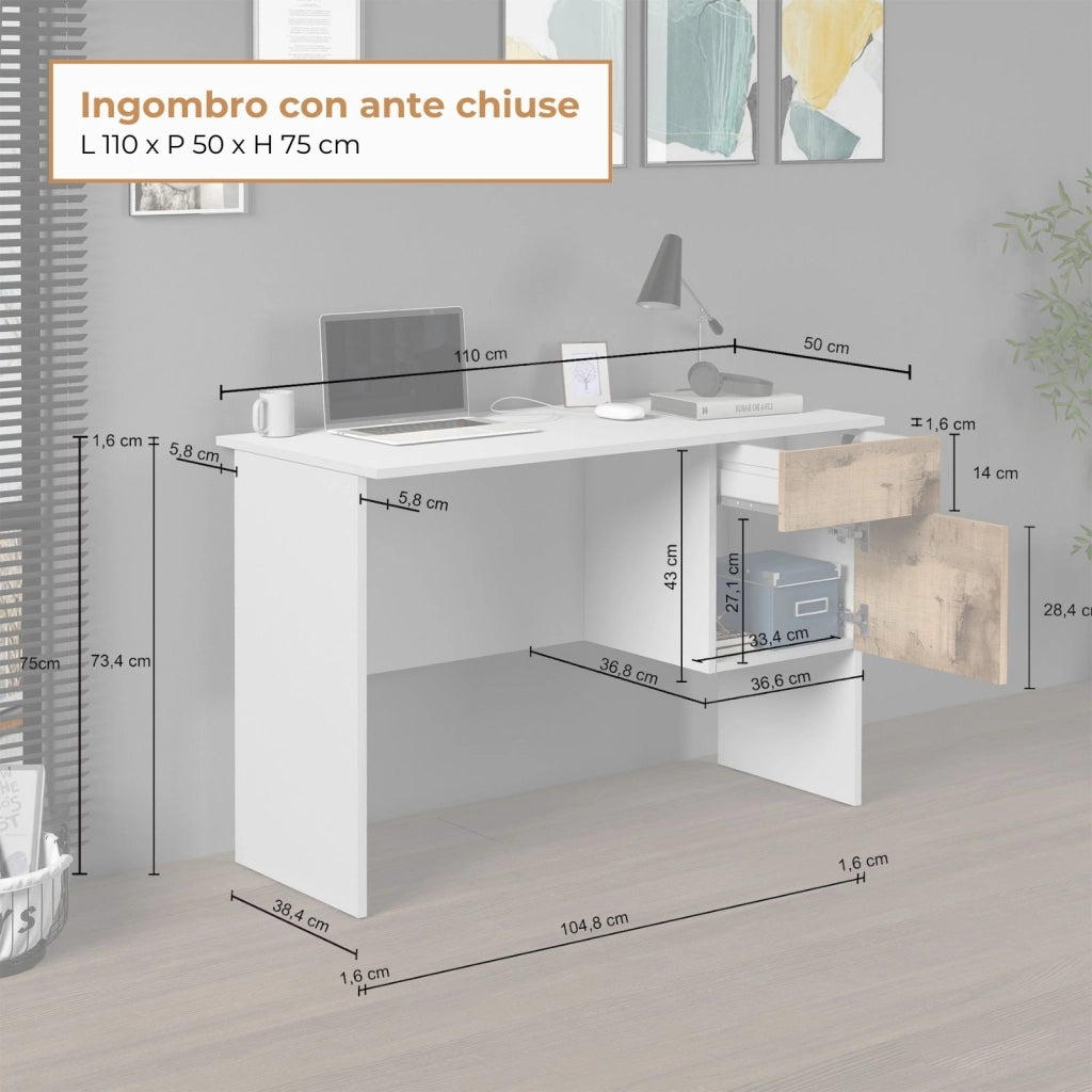 WHOUS Scrivania Easy 1 anta e 1 cassetto bianco opaco e acero 110x50x75 cm