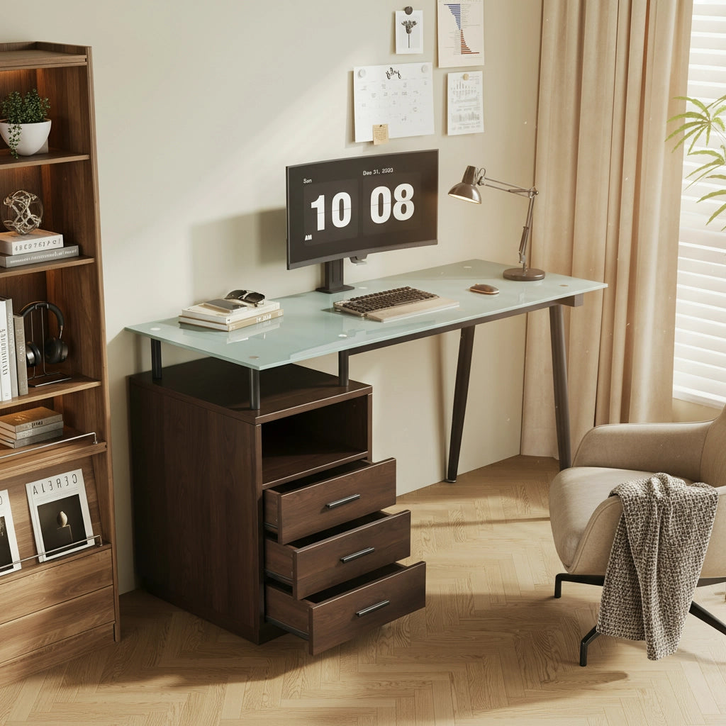 Scrivania moderna 130x50x75 cm con piano in vetro temperato, 3 cassetti e vano aperto, marrone