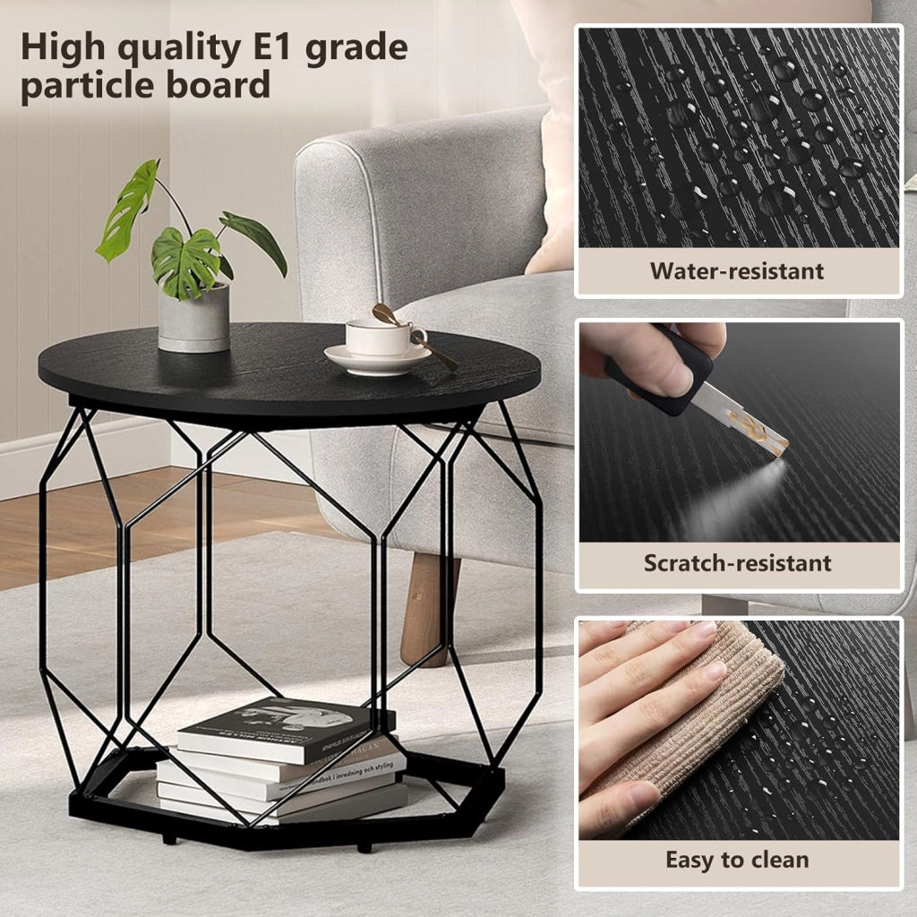 Set di 2 Tavolini da Salotto Rotondi, Tavolini Contenitori in Legno e Metallo, Tavoli Caffè con Piano Rimovibile, per Soggiorno, Camera da Letto, Legno Nero, BTS05szdc