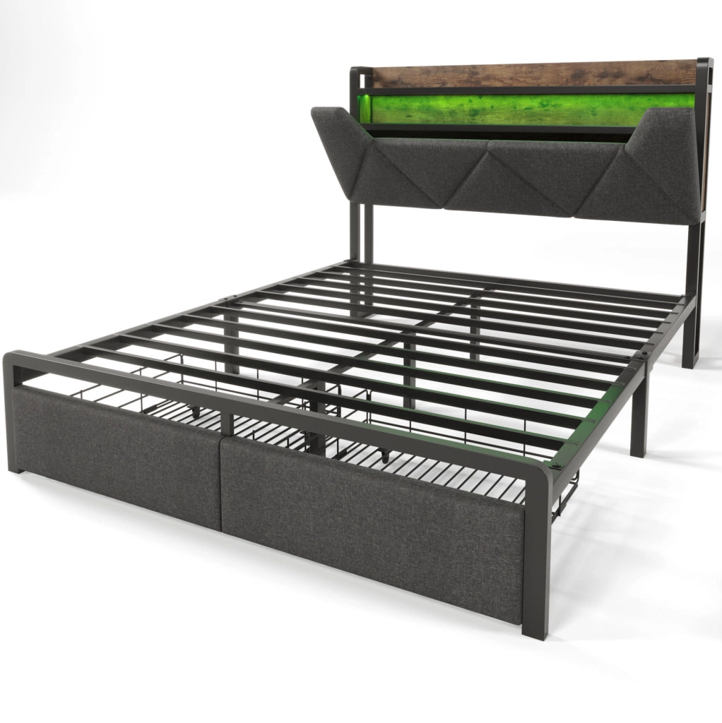 Letto 160x200 cm con testiera contenitore; USB C; LED e 2 cassetti; grigio