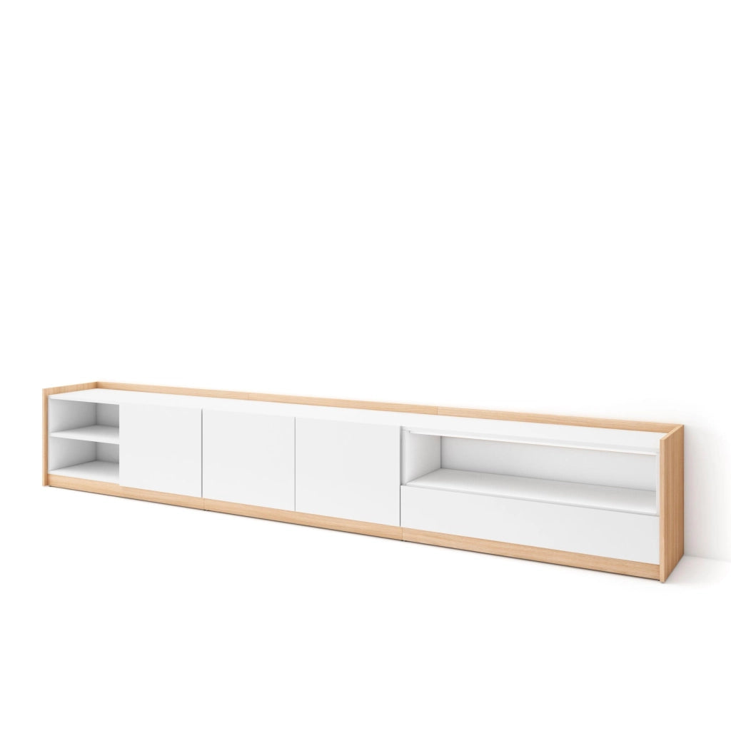 Mobile TV Soggiorno, 310x50x37 cm, Per TV fino a 80", Mobile Soggiorno, Bianco e Rovere soft