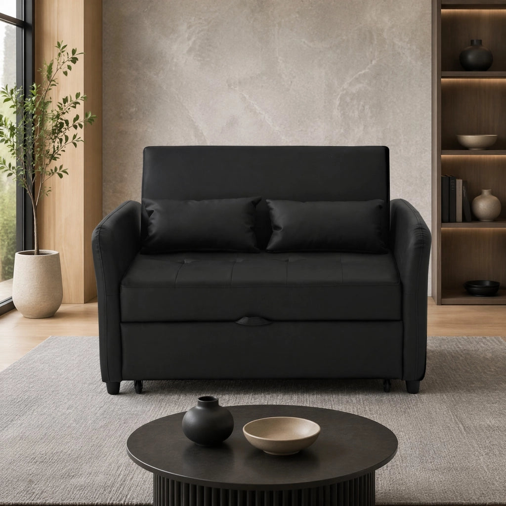 DIVANO LETTO Estraibile a 2 posti, schienale regolabile 3 livelli, PU Nero Antico