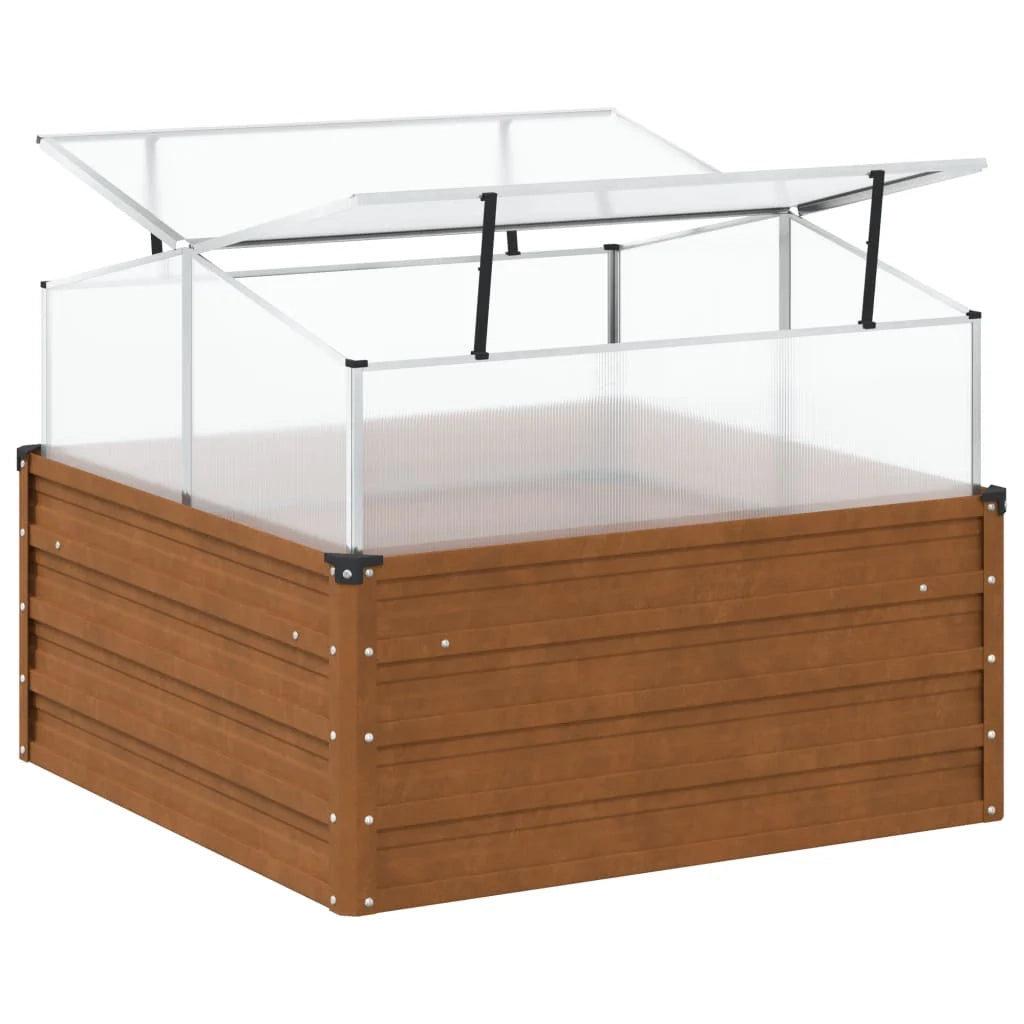Fioriera rialzata per piante fiori patio giardino con serra acciaio resistente alle intemperie marrone 02_0038586