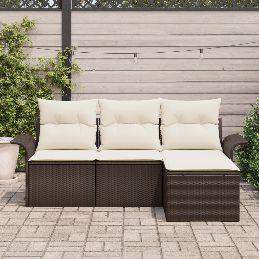 Set da giardino in 4 pezzi con cuscini marrone in polirattan