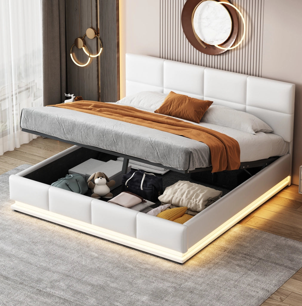 Letto imbottito 160x200 cm con LED e contenitore in similpelle bianco