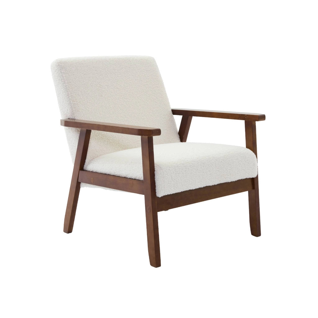 Poltrona scandinava bouclé in legno di hevea tinto noce chiaro, bouclé