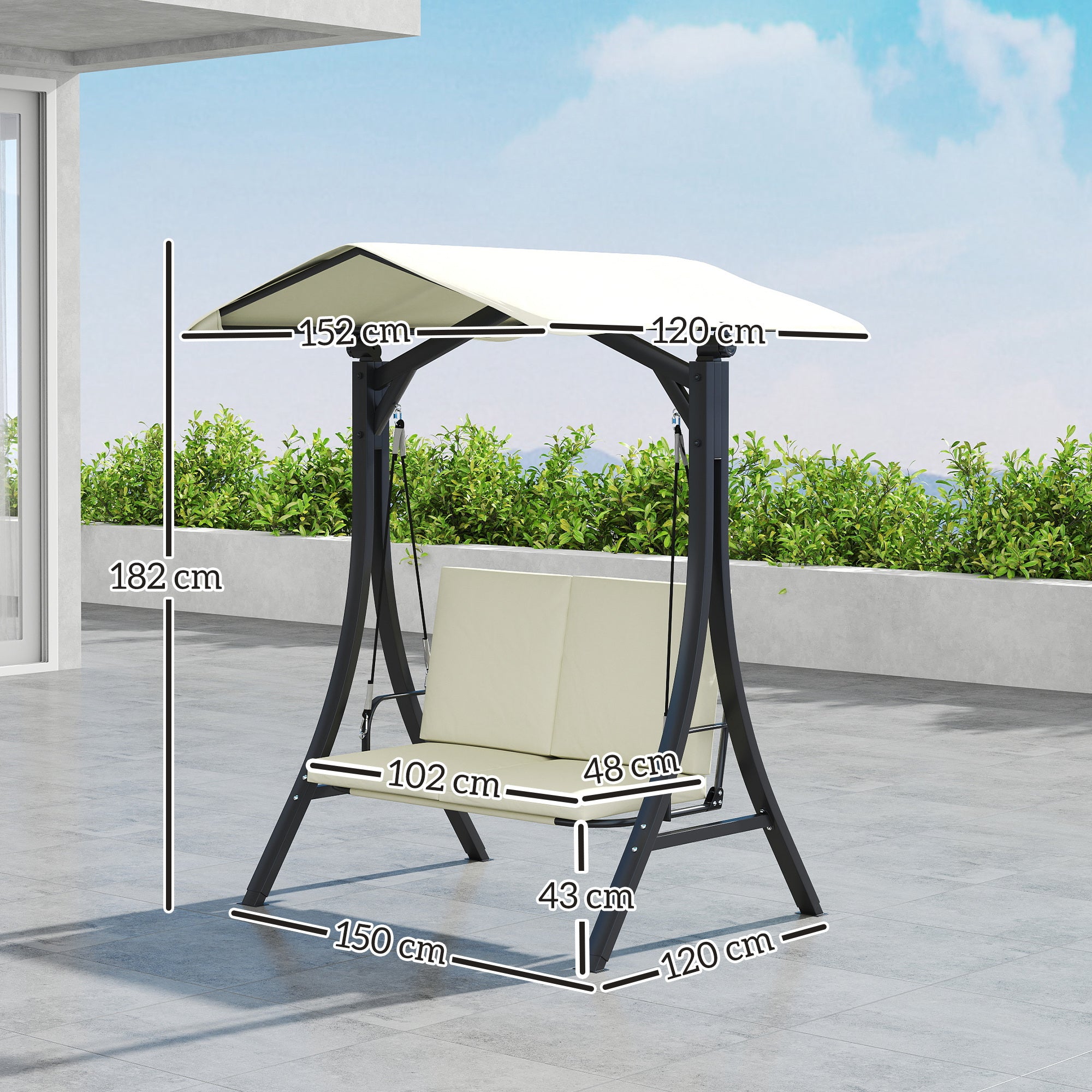 Dondolo da Giardino 2 Posti 150x120x182 cm con Tettuccio Regolabile Crema