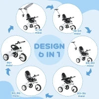Triciclo per Bambini con Maniglione di Spinta, Tettuccio, Barra di Sicurezza e Box, 105x47x89 cm, Bianco e Nero