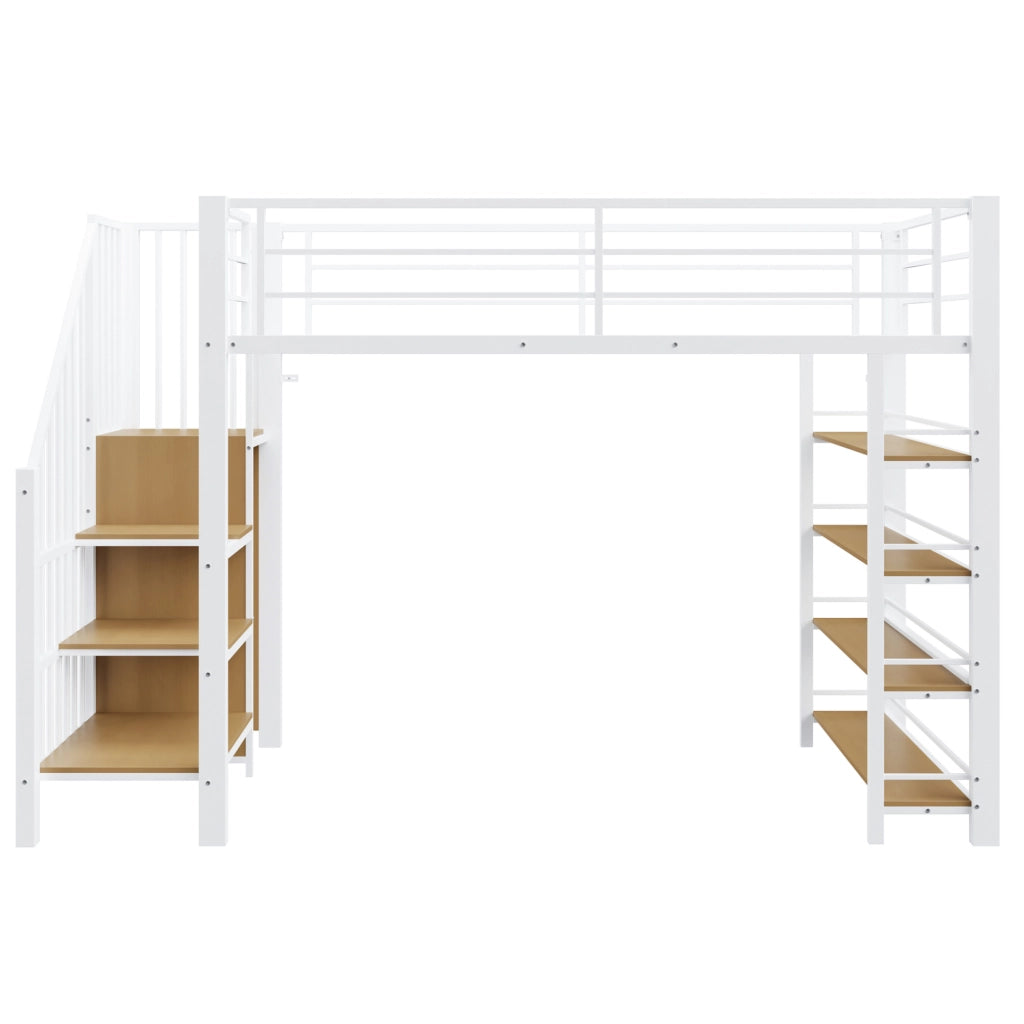 Letto a soppalco 90x200 cm in metallo bianco con scala; guardaroba e ripiani