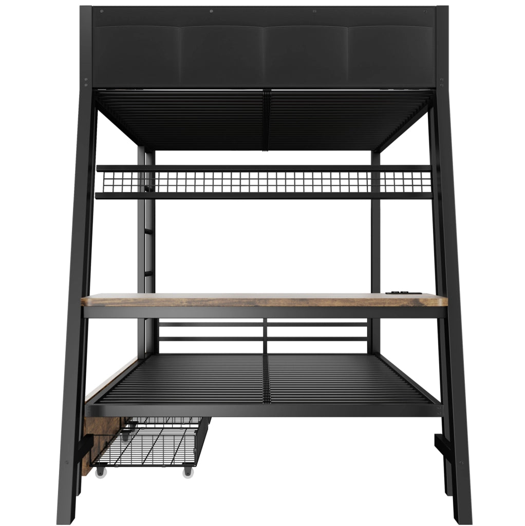 Letto a castello in metallo 90x200 cm con scrivania integrata; LED e contenimento; nero