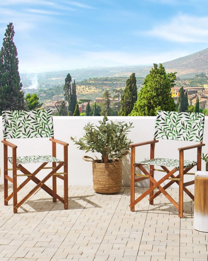 Set di 2 sedie da regista da giardino in marrone scuro con foglie di acacia bianco sporco tessuto di ricambio pieghevole con 2 Tele