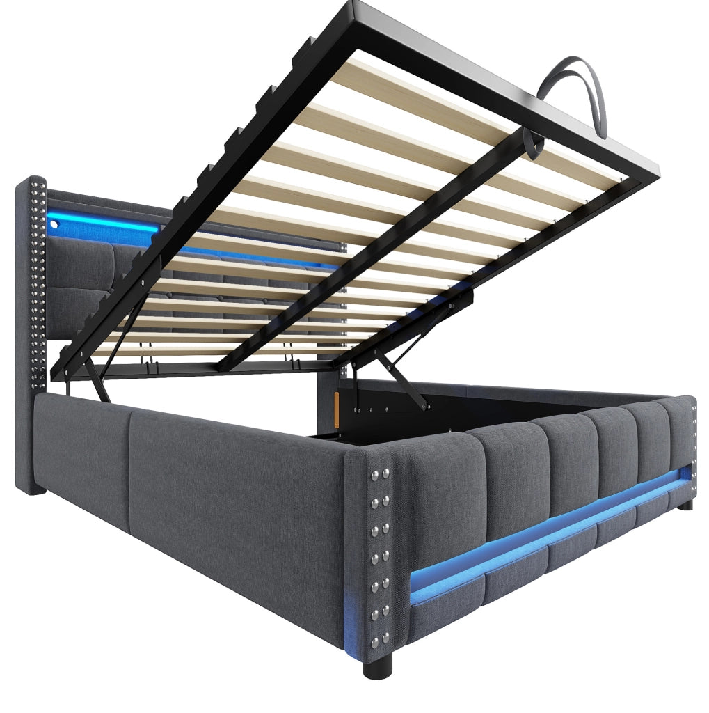 Letto imbottito 160x200 cm con contenitore; LED e USB in tessuto di lino grigio