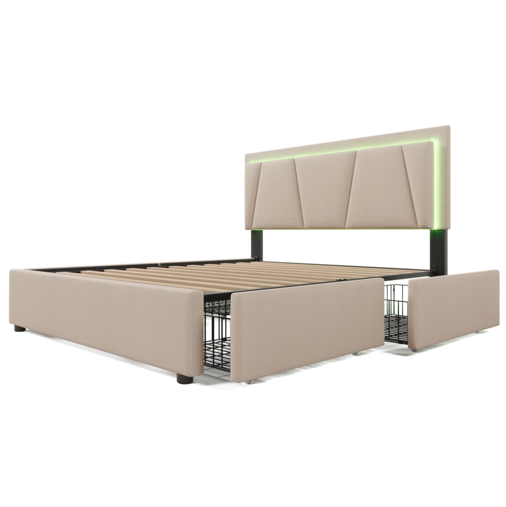 Letto matrimoniale 160x200 cm con LED; testiera regolabile e 4 cassetti; beige