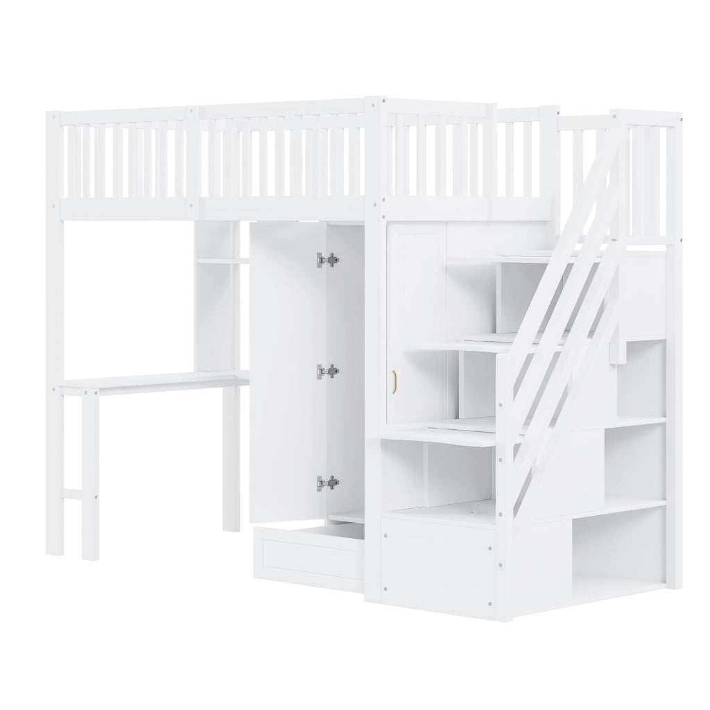 Letto soppalco di deposito; 90x200cm; armadio; scaffale; scrivania; scale; bianco