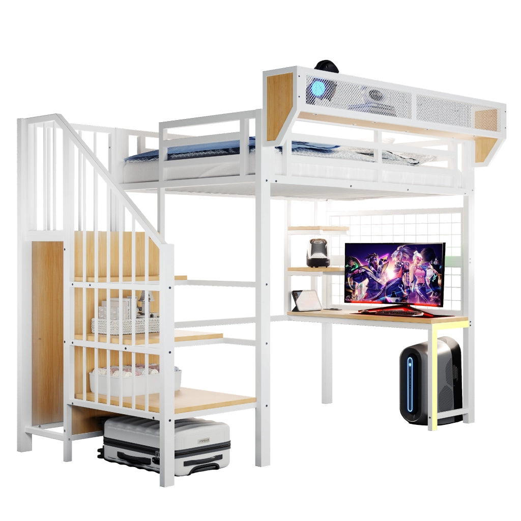 Letto a Soppalco con Scrivania, Scaletta di Sicurezza e LED ¨C MINIMAL ¨C Metallo Bianco 90x200