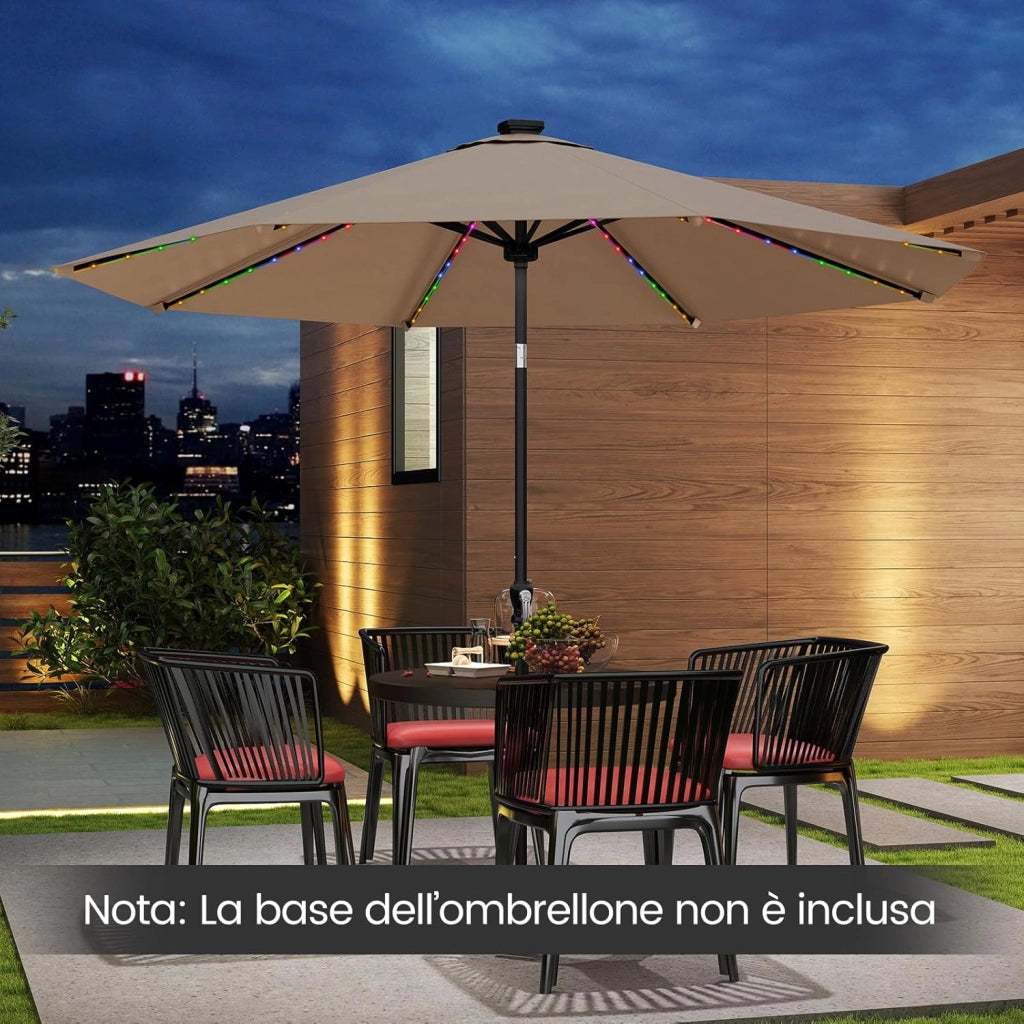 Ombrellone da Esterno 288 cm, con 96 Luci LED, Ombrellone Giardino con Inclinazione Regolabile, Manovella, 8 Stecche e Top Ventilato, Parasole da Mercato per Giardino Spiaggia (Marrone)